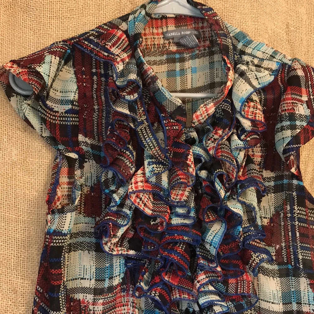 LAST CHANCE DONATING 4/20 HP Sheer Ruffled-front Abstract Plaid Top